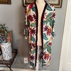 Long Kimono Cardigan Shawl/ Burgundy and White with Floral Print/ Rayon/ Medium